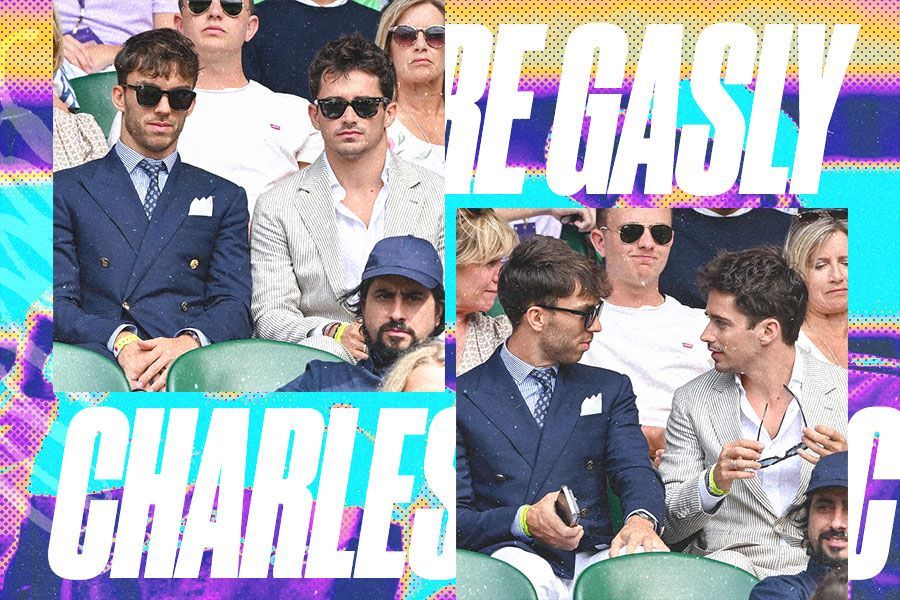 Pierre Gasly dan Charles Leclerc menyaksikan tenis Wimbledon 2023. (M. Yusuf/Skor.id)