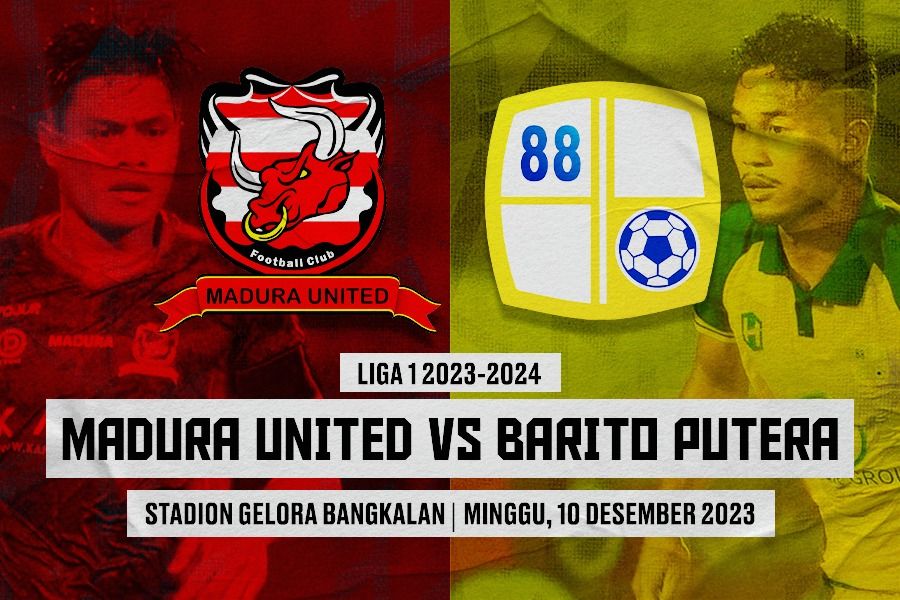 Cover pertandingan Madura United vs Barito Putera (Fachruddin Aryanto vs Bagas Kaffa) pada pekan ke-22 Liga 1 2023-2024. (Dede Sopatal Mauladi/Skor.id)