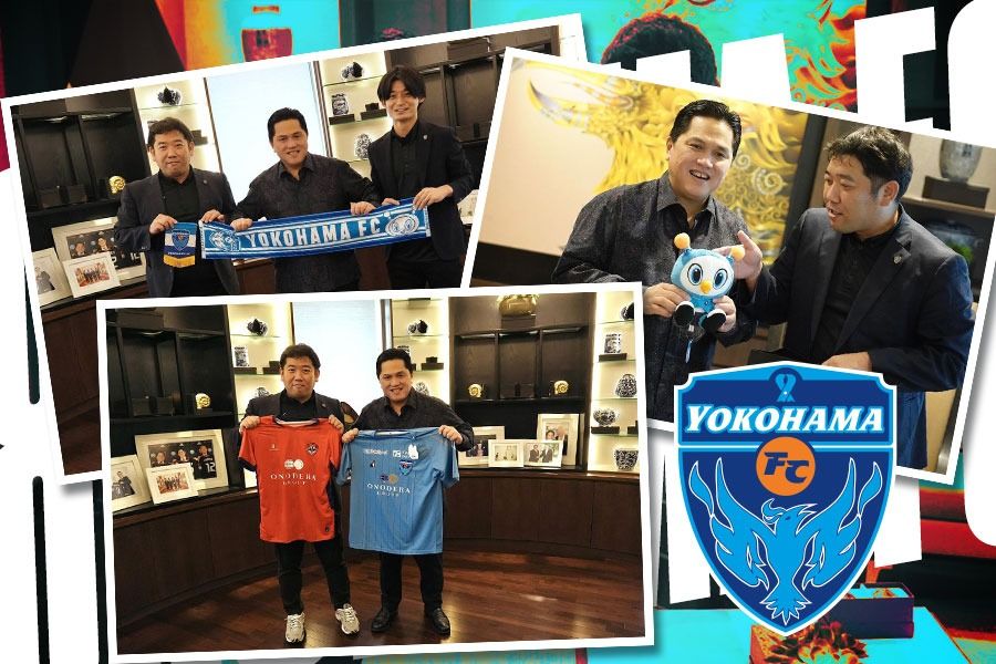 Ketum PSSI, Erick Thohir, bersama perwakilan klub Jepang, Yokohama FC. (Dok. Erick Thohir/Grafis Yusuf/Skor.id)
