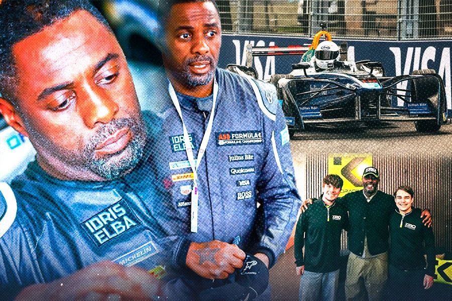 Aktor dan sutradara asal Inggris, Idris Elba, menjadi salah satu investor Tim Cupra Kiro. Tampak Elba mencoba mobil Formula E dan berpose bersama duo pembalap Tim Cupra Kiro. (M. Yusuf/Skor.id)