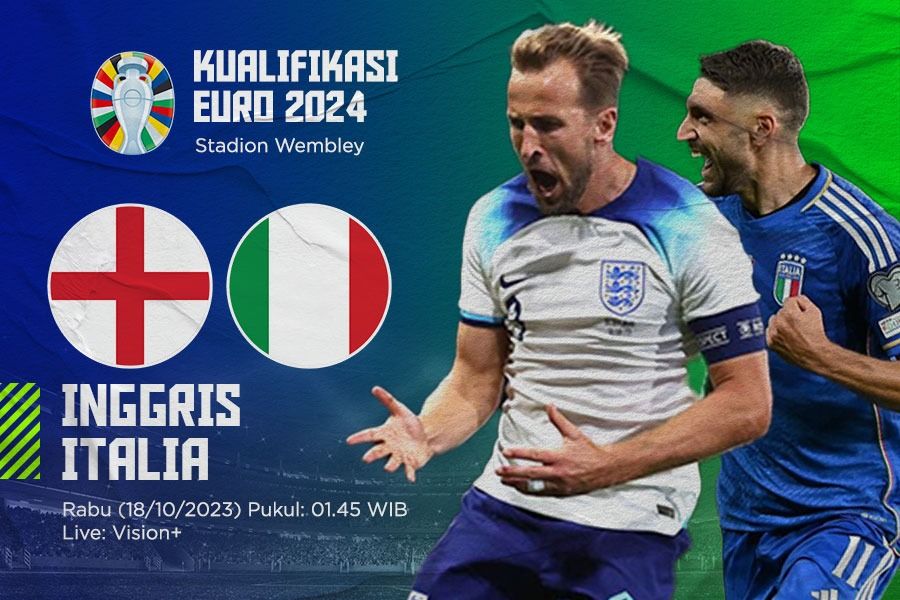 Grup C Kualifikasi Euro 2024 mempertemukan Inggris vs Italia, Harry Kane beradu tajam dengan Domenico Berardi. (M. Yusuf/Skor.id).