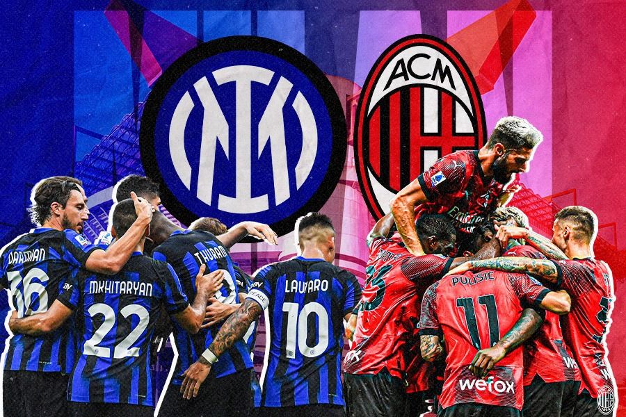 Pemain Inter Milan dan AC Milan merayakan gol dalam sebuah laga musim 2023-2024. (Dede Mauladi/Skor.id).
