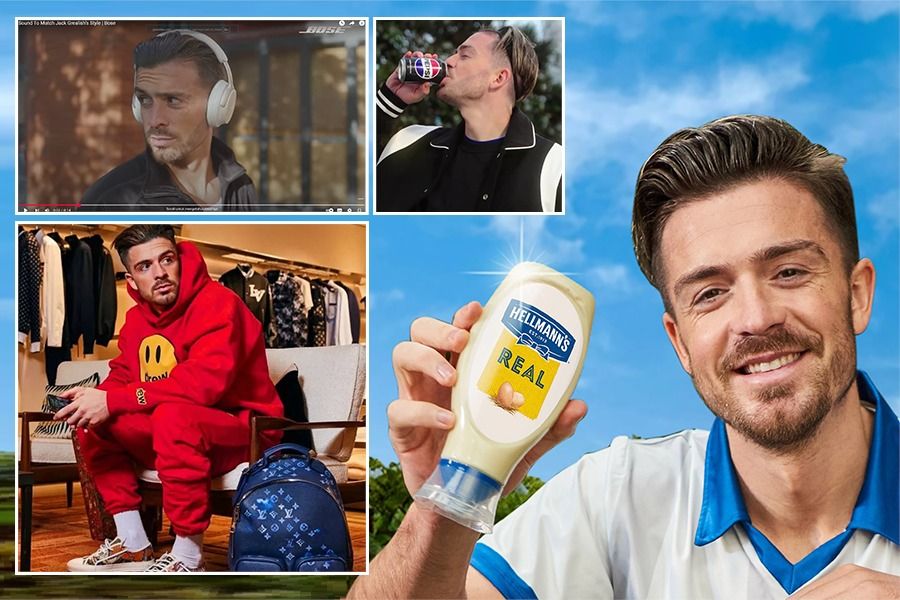 Winger Man City Jack Grealish saat menjadi bintang iklan (dari kiri atas searah jarum jam) Bose, Pepsi, Hellmann, dan Gucci. Grealish belakangan kerap dicadangkan di klubnya. (Rahmat Ari Hidayat/Skor.id)