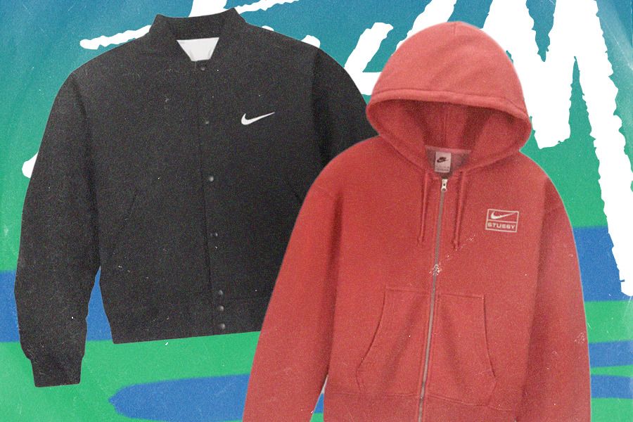 Jaket dan hoodie yang merupakan bagian dari koleksi Stussy x Nike Holiday 2023 yang akan muncul bulan ini. (Jovi Arnanda/Skor.id)