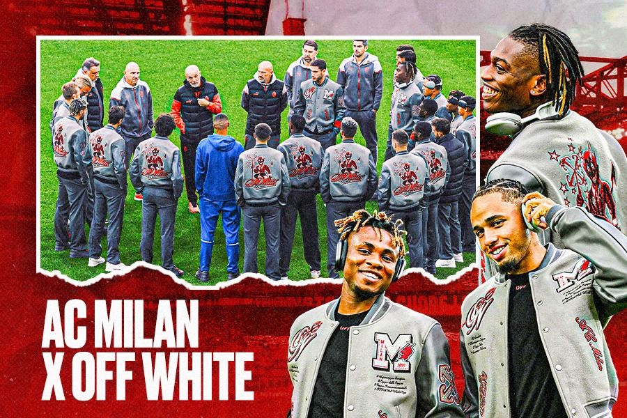 Jaket varsity menjadi setelan utama pakaian informal AC Milan 2023-2024 dari Off-White. (Dede Mauladi/Skor.id)