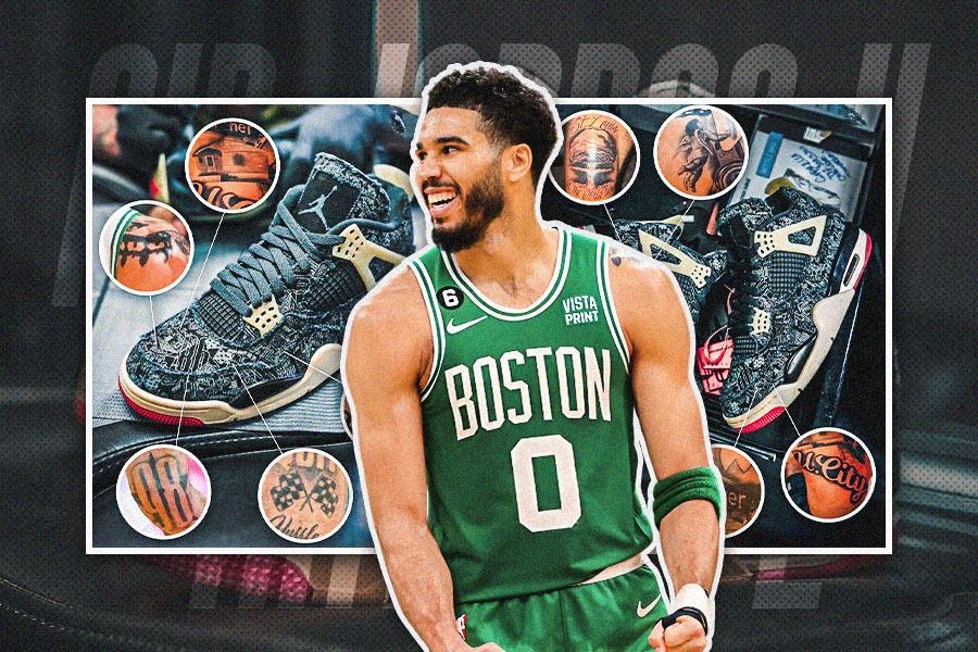 Forward Boston Celtics Jayson Tatum memiliki sejumlah tato yang lantas dipakai untuk desain Air Jordan 4 PE “Tattoo”. (Hendy AS/Skor.id)