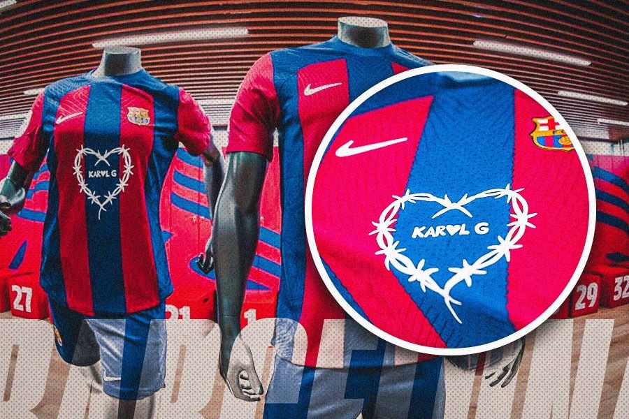 Jersey eksklusif FC Barcelona dengan logo Karol G ini akan dipakai untuk laga El Clasico melawan Real Madrid di La Liga pada Minggu (21/4/2024) depan. (Hendy AS/Skor.id)