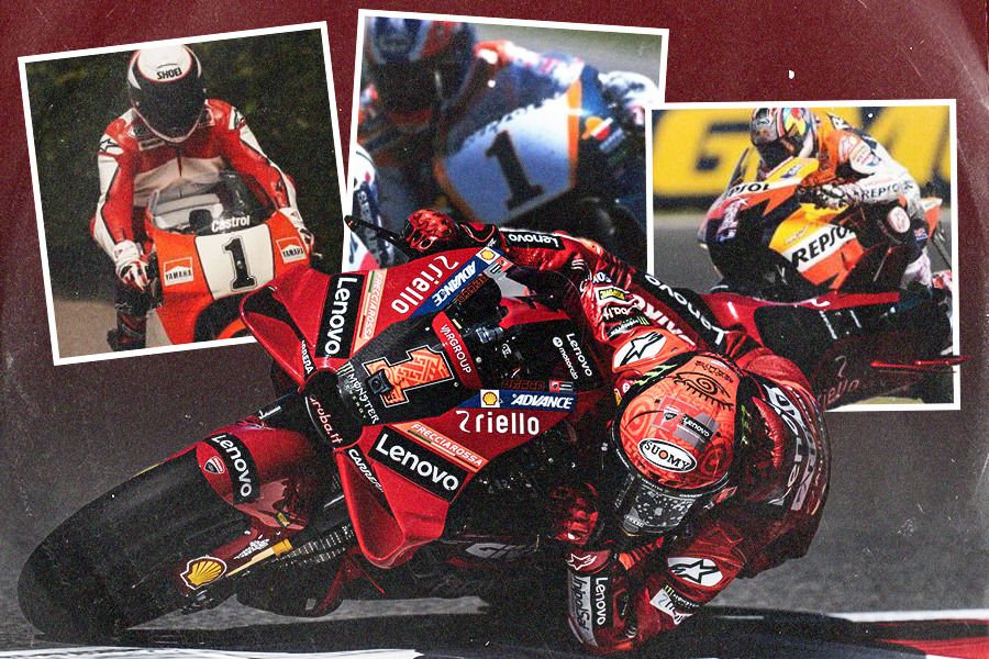 Juara dunia MotoGP Francesco Bagnaia tetap memakai nomor motor 1 seperti yang pernah dilakukan Wayne Rainey, Michael Doohan, dan Casey Stoner. (Jovi Arnanda/Skor.id)