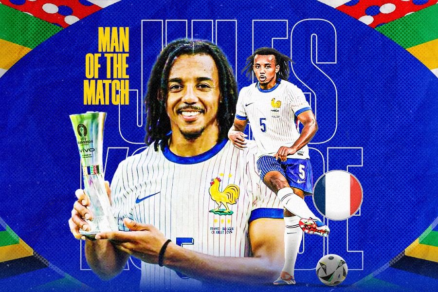 Jules Kounde terpilih sebagai pemain terbaik (man of the match) laga 16 besar Prancis versus Belgia pada Senin (1/7/2024) malam. (Dede S Mauladi/Skor.id)
