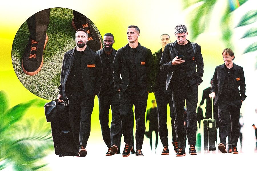 Para pemain Real Madrid seperti Dani Carvajal, Antonio Rudiger, Lucas Vazquez, Fede Valverde, dan Luka Modric tampak elegan mengenakan travelwear dari Zegna. Inset: Sneaker Triple Stitch Luxury Leisurewear. (Rahmat Ari Hidayat/Skor.id).