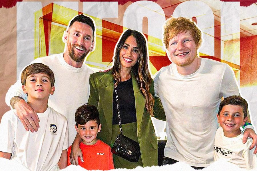 Keluarga Lionel Messi berpose dengan salah satu musisi favorit mereka, Ed Sheeran. (Dede Mauladi/Skor.id)