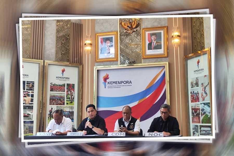 Konferensi pers Menpora, KONI, KOI dan CdM terkait SEA Games 2025. (Grafis: Kevin Bagus Prinusa/Skor.id)