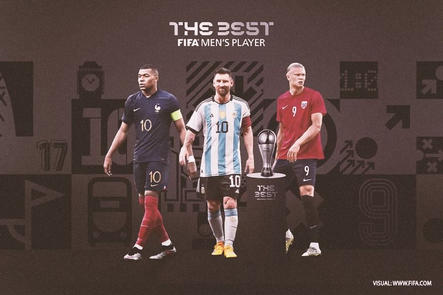 Nominasi pemain pria terbaik FIFA (FIFA The Best), Kylian Mbappe, Lionel Messi, dan Erling Haaland. (Rahmat Ari Hidayat/Skor.id).