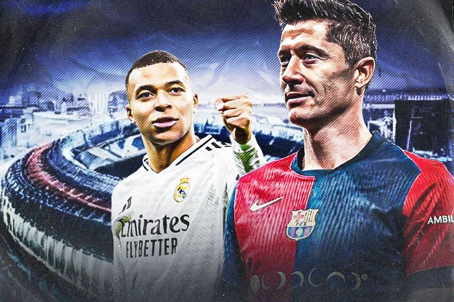 Penyerang Real Madrid, Kylian Mbappe (kiri) dan mesin gol Barcelona, Robert Lewandowski, bersaing dalam daftar pencetak gol terbanyak La Liga 2024-2025. (Yusuf/Skor.id).