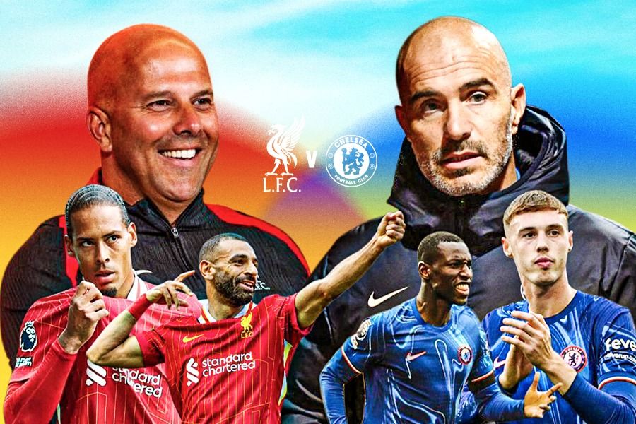 Laga Liverpool vs Chelsea menampilkan Arne Slot, Virgil van Dijk, Mohamed Salah, Enzo Maresca, Nicolas Jackson, hingga Cole Palmer. (Rahmat Ari Hidayat/Skor.id).