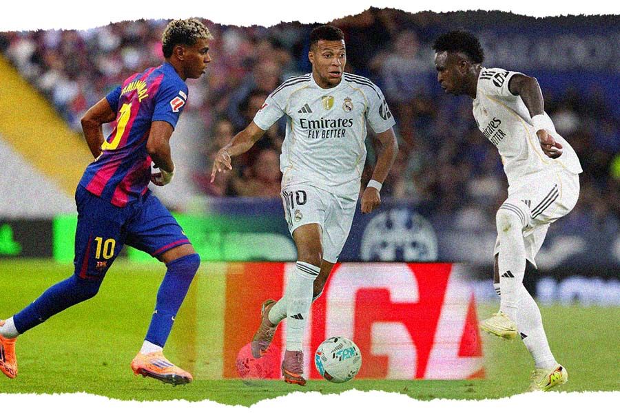 Lamine Yamal (Barcelona), Kylian Mbappe, dan Vinicius (Real Madrid) akan unjuk gigi di El Clasico. (Foto: LaLiga, Grafis: Deni Sulaeman/Skor.id).