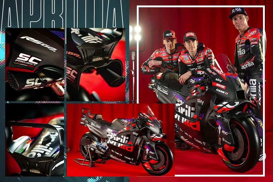 Aprilia Racing memperkenalkan RS-GP 24 dan komposisi pembalap yang sama (ki-ka foto kanan: Lorenzo Savadori sebagai tester, serta duet Maverick Vinales dan Aleix Espargaro) untuk MotoGP 2024. (M. Yusuf/Skor.id)