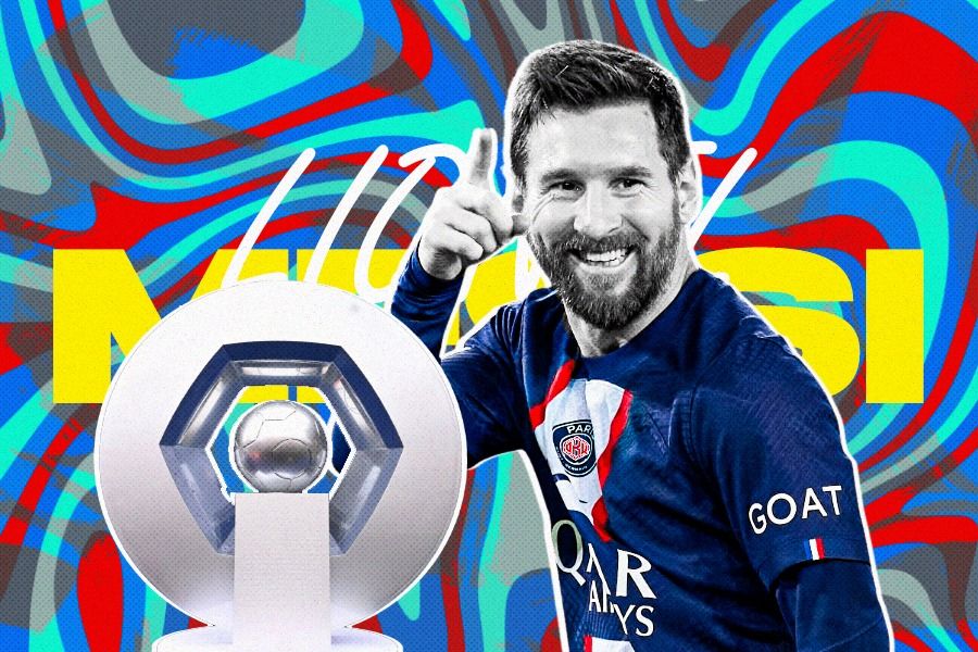 Lionel Messi bintang Paris Saint-Germain dan trofi Ligue 1 (Dede Mauladi/Skor.id).