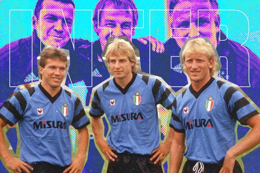 Lothar Matthaus, Jurgen Klinsmann, dan Andreas Brehme saat bermain di Inter Milan. (M. Yusuf/Skor.id).