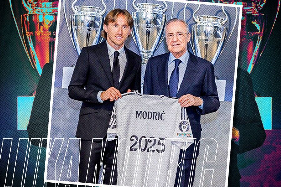 Luka Modric (kiri) bersama Presiden Real Madrid, Florentino Perez, Rabu (17/7/2024). (Yusuf/Skor.id).