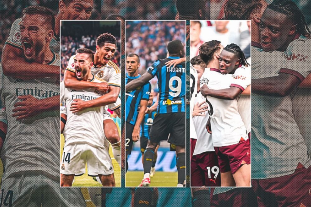 Joselu dan Jude Bellingham merayakan gol Real Madrid ke gawang Real Sociedad. Madrid bersama Inter dan Man City masih memegang rekor sempurna di liga masing-masing. (Hendy AS/Skor.id) 