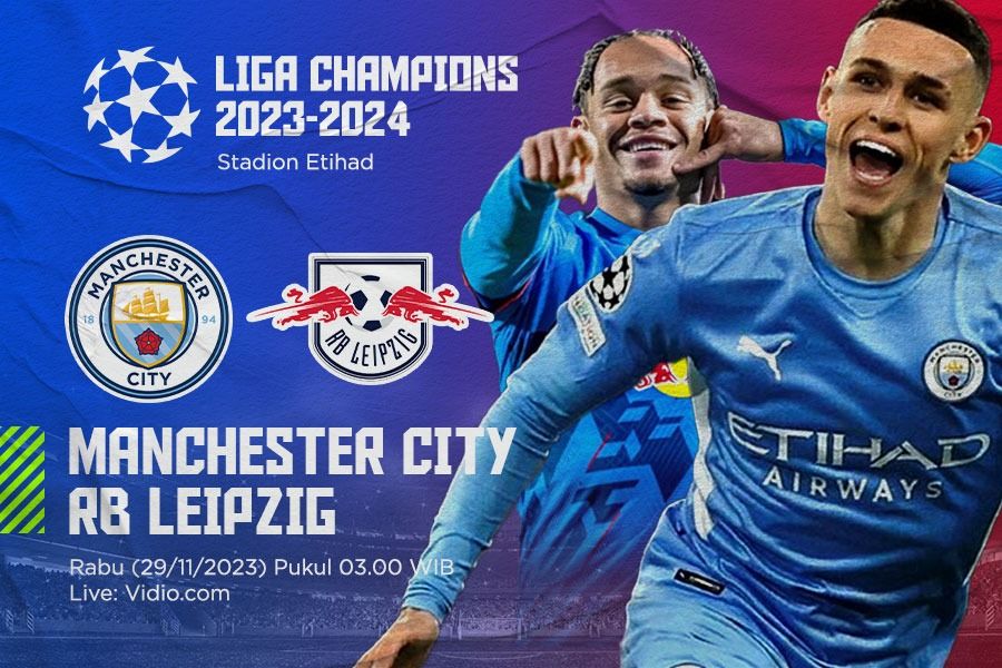 Pertandingan Liga Champions 2023-2024 mempertemukan Manchester City vs RB Leipzig. (Yusuf/Skor.id).
