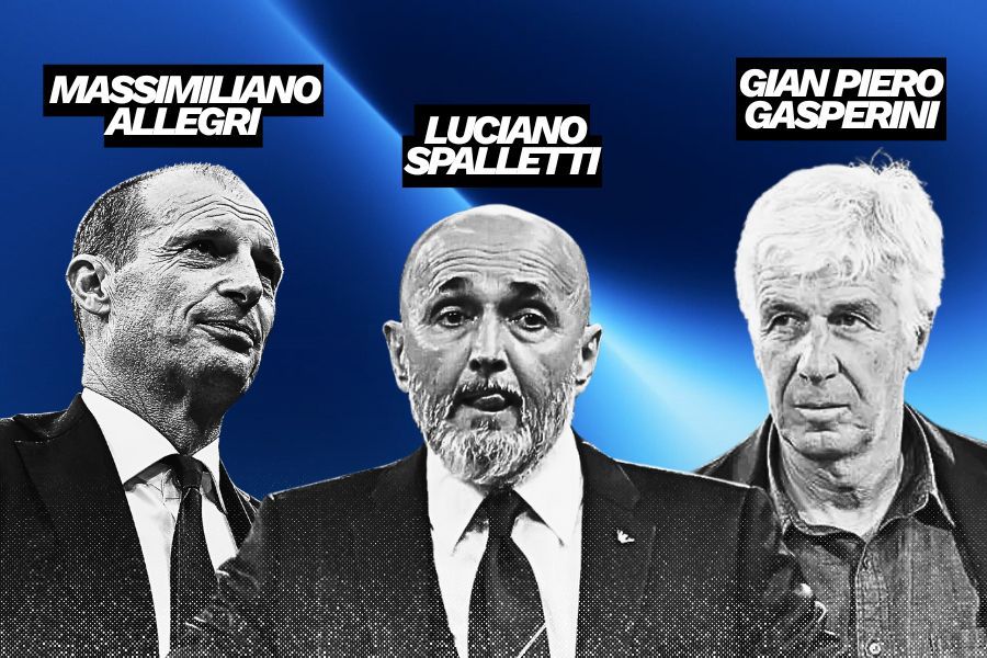 Pelatih tim di Liga Italia, Massimiliano Allegri, Luciano Spalletti, dan Gian Piero Gasperini. (Grafis: Deni Sulaeman/Skor.id).