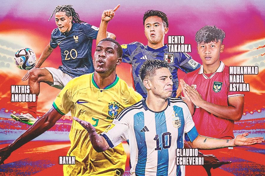 Pemain yang mencetak gol terbaik di Piala Dunia U-17 2023 menurut FIFA: Mathis Amougou, Rayan, Muhammad Nabil Asyura, Claudio Echeverri, Rento Takaoka. (Rahmat Ari Hidayat/Skor.id).