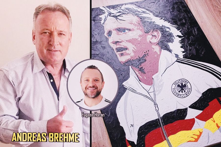 Mendiang Andreas Brehme dan lukisan potret dirinya mengenakan jaket Timnas Jerman Barat 1990 karya Eugene Horan. (Rahmat Ari Hidayat/Skor.id)