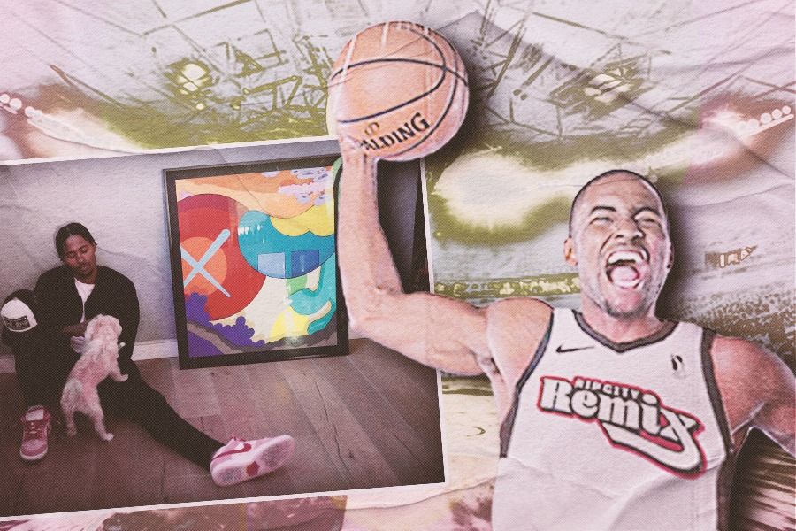 Moe Harkless mantan pemain NBA yang kini turun di G League tampak dengan salah satu lukisan koleksinya. (Rahmat Ari Hidayat/Skor id)