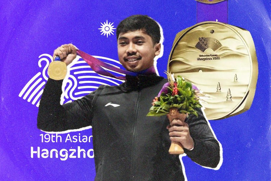 Muhammad Sejahtera Dwi Putra meraih emas melalui nomor 10 meter running target putra pada Senin (25/9/2023) dalam Asian Games 2022 di Fuyang Yinhu Sports Centre, Hangzhou, Cina. (Jovi Arnanda/Skor.id)