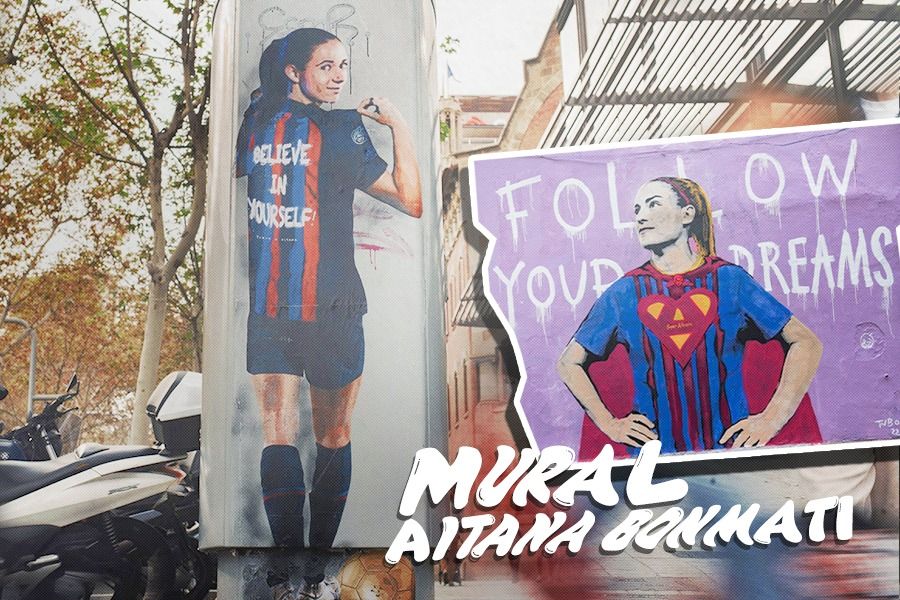 Mural pemenang Ballon d'Or Aitana Bonmati dan rekan seklubnya di Barcelona Femeni, Alexia Putellas, menempati sejumlah sudut kota Barcelona, buatan seniman TVBoy. (Rahmat Ari Hidayat/Skor.id)