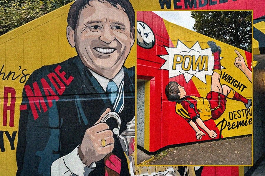 Salah satu mural baru Watford menggambarkan pelatih Graham Taylor dan tendangan salto Nick Wright yang menentukan kemenangan 2-0 atas Bolton di play-off Championship 1999 hingga promosi ke Liga Inggris. (Hendy AS/Skor.id) 