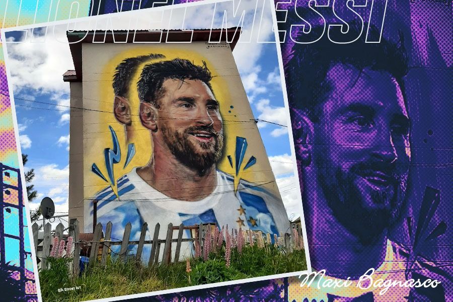 Mural kapten Timnas Argentina Lionel Messi muncul di di sebuah kompleks perumahan di Ushuaia Argentina. (M. Yusuf/Skor.id)