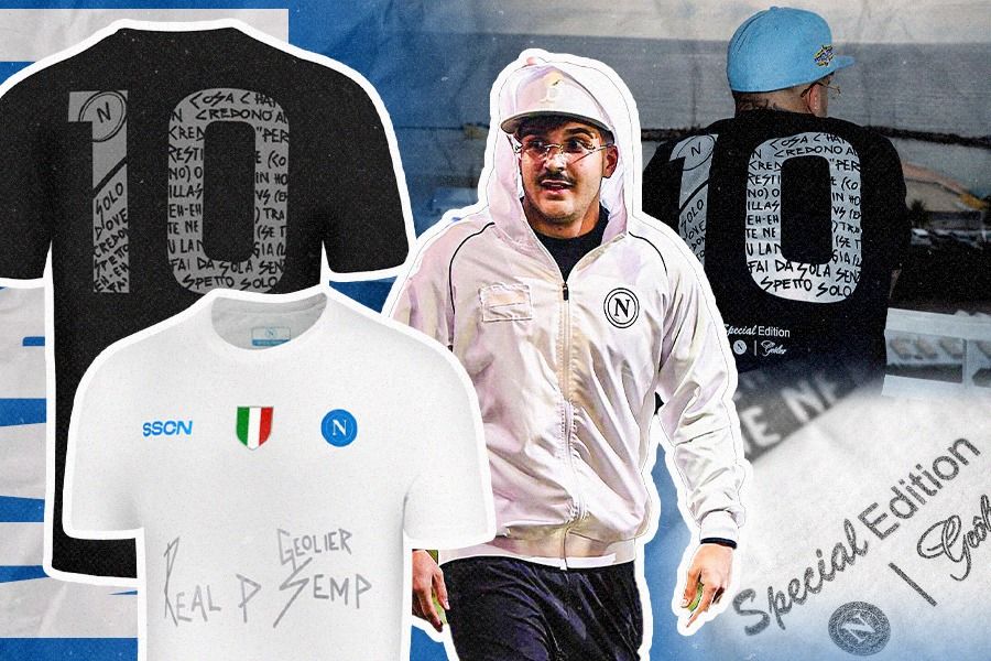 Klub Liga Italia SSC Napoli menggandeng rapper Geolier untuk dua kaus gaya hidup edisi khusus. (Dede Mauladi/Skor.id)