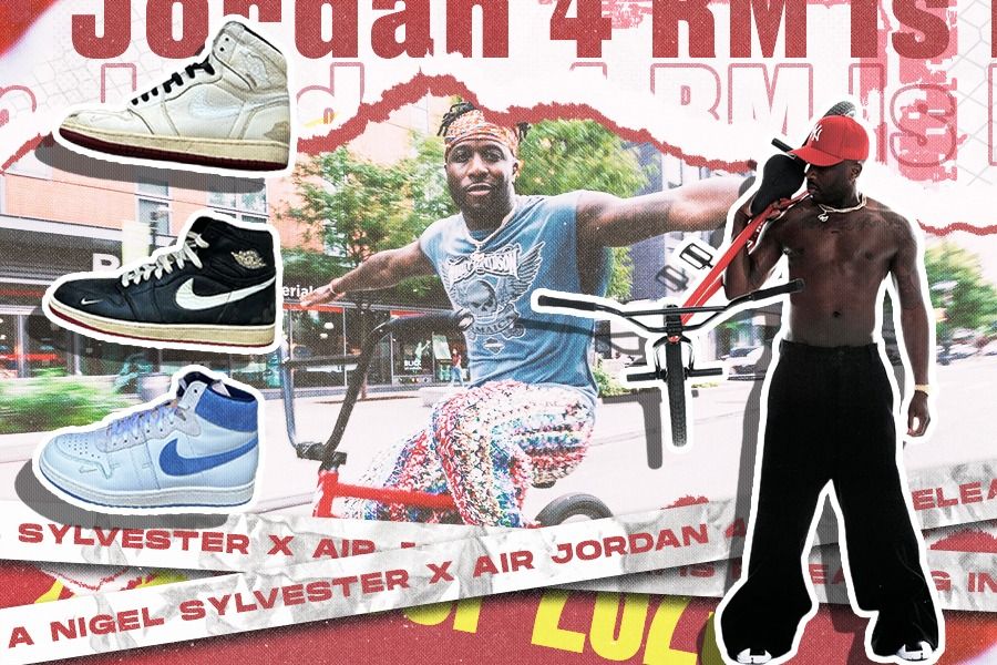 Nigel Sylvester x Air Jordan 4 RM akan dirilis pada musim gugur 2024. Tampak tiga sneaker Air Jordan yang sebelumnya berkolaborasi dengan Sylvester. (Rahmat Ari Hidayat/Skor.id)