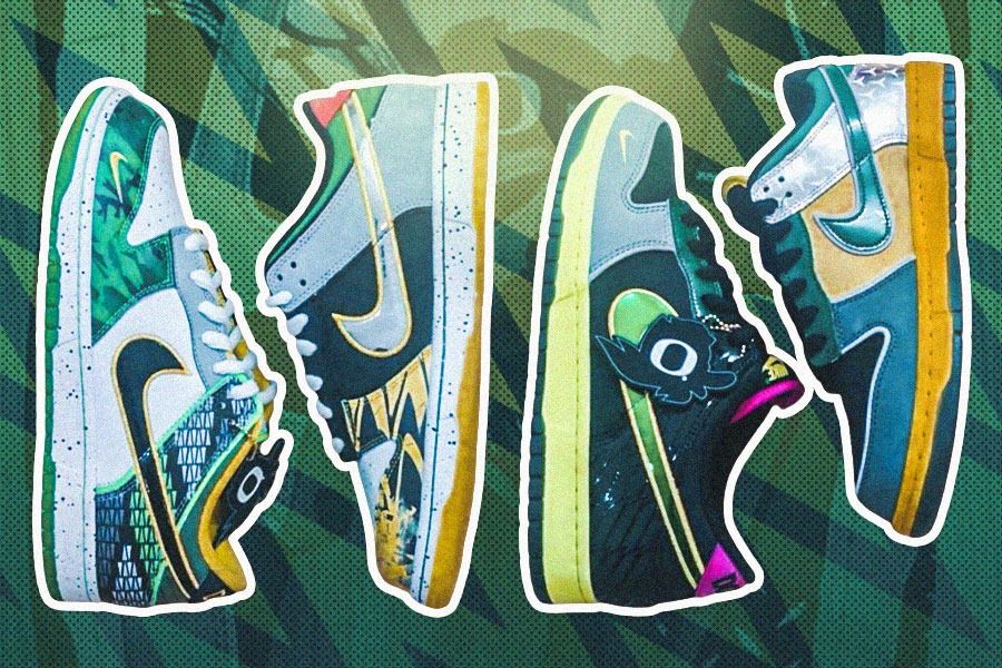 Nike Dunk Low “What The Ducks Of A Feather” yang mungkin akan dirilis awal adalah jalur warna kombinasi white/metallic silver-apple green-black (kiri) dan black/vivid pink-volt-apple green. (Hendy AS/Skor.id) 