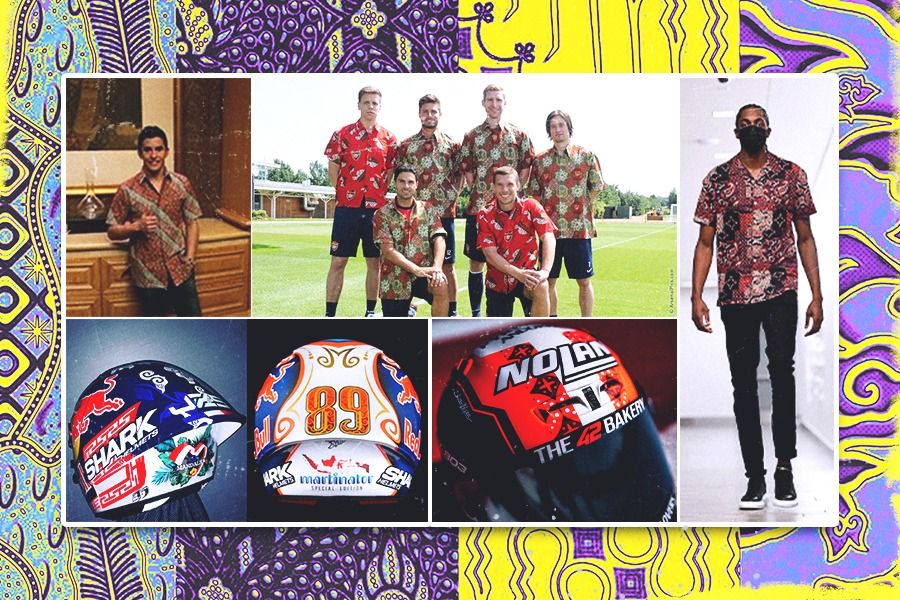Para atlet dunia yang menyukai dan mengapresiasi batik. Searah jarum jam dari kiri atas: Marc Marquez, sebagian pemain Arsenal pada 2013, Justin Holiday, dan helm Alex Rins, Jorge Martin, dan Johann Zarco di Mandalika 2022. (Rahmat Ari Hidayat/Skor.id) 