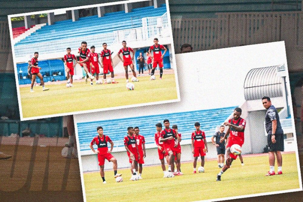 Para pemain Malut United menjalani latihan dalam sesi uji lapangan Stadion Mandala Krida pada 24 November 2023. Hendy Andika Skor.id