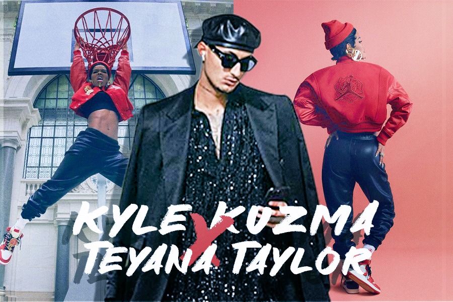 Pebasket NBA Kyle Kuzma memakai outfit masukan dari penyanyi Teyana Taylor saat tunnel fits NBA 2023-2024. (Rahmat Ari Hidayat/Skor.id)