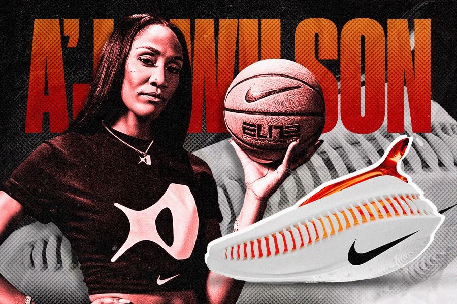 Pebasket wanita Amerika Serikat Aja Wilson mengenakan kaus berlogo khas dirinya dari Nike dan dan salah satu prototipe Nike A.I.R. versi A.I yang diperkirakan bakal menjadi sepatu khasnya. (Dede S. Mauladi/Skor.id)   