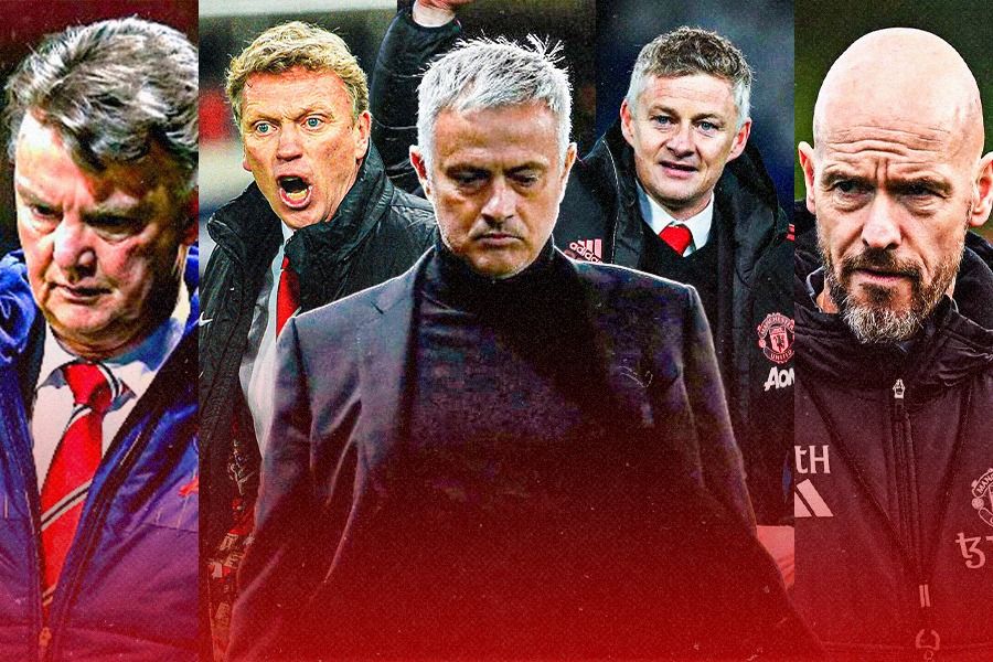 Deretan pelatih Manchester United (kiri ke kanan): Louis van Gaal, David Moyes, Jose Mourinho (tengah), Ole Gunnar Solksjaer, dan Erik ten Hag. (Dede Sopatal Mauladi/Skor.id).