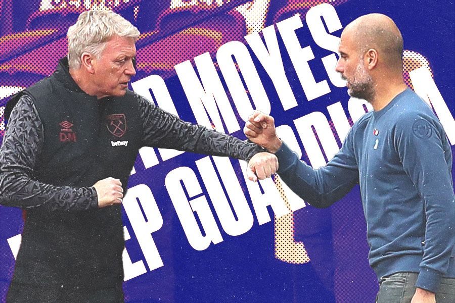 Pelatih West Ham David Moyes (kiri) memiliki strategi dan taktik yang kontras dengan pelatih Man City Pep Guardiola. Keduanya akan bertemu Sabtu (16/9/2023) malam ini dalam lanjutan Liga Inggris 2023-2024 (M Yusuf/Skor.id).