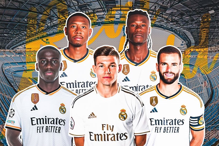 Searah jarum jam dari kiri atas: David Alaba, Eduardo Camavinga, Nacho, Fran Garcia, dan Ferland Mendy. Semua pemain ini bisa menjadi bek kiri di Real Madrid. (Hendy AS/Skor.id).