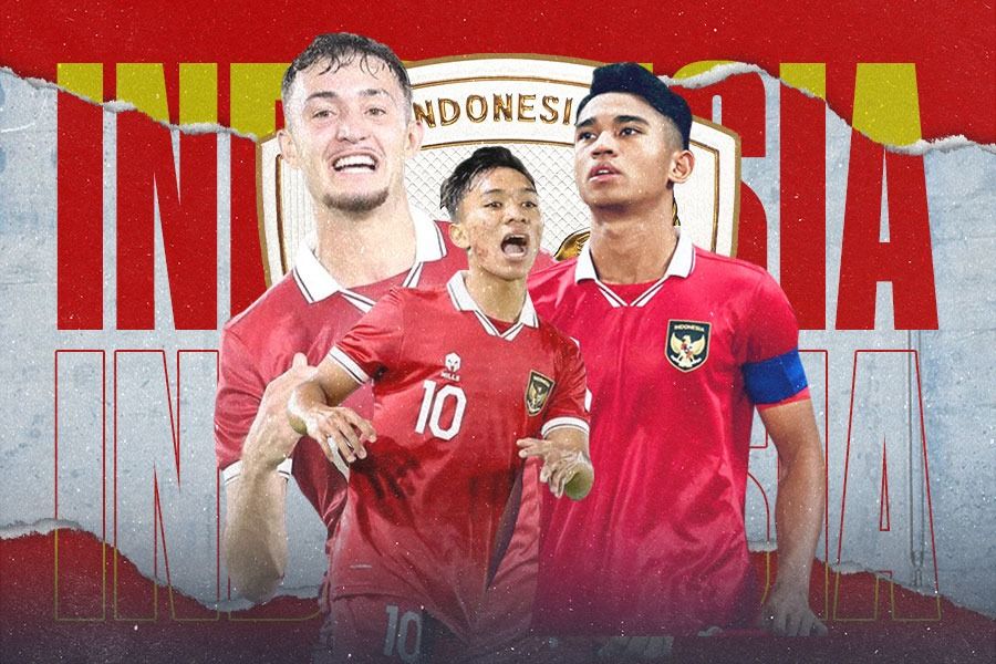 Pemain lini tengah Timnas U-23 Indonesia, Ivar Jenner, Marselino Ferdinan, dan Arkhan Fikri di Piala Asia U-23 2024 Qatar. (Yusuf/Skor.id)