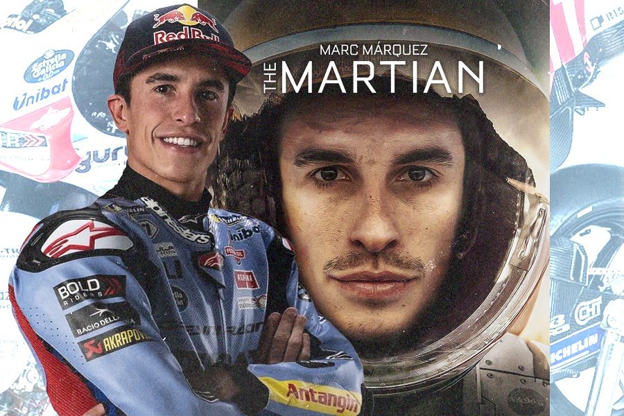 Pembalap Tim Gresini Racing Marc Marquez mendapat semangat dari timnya untuk MotoGP Americas dengan poster film The Martian. (Jovi Arnanda/Skor.id)