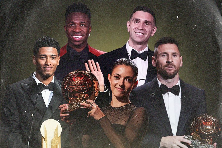 Lionel Messi (kanan) meraih Ballon d'Or 2023, serta pemain lainnya yang meraih sejumlah kategori seperti Jude Bellingham, Vinicius Junior, Dibu Martinez, dan Aitana Bonmati. (Jovi Arnanda/Skor.id).