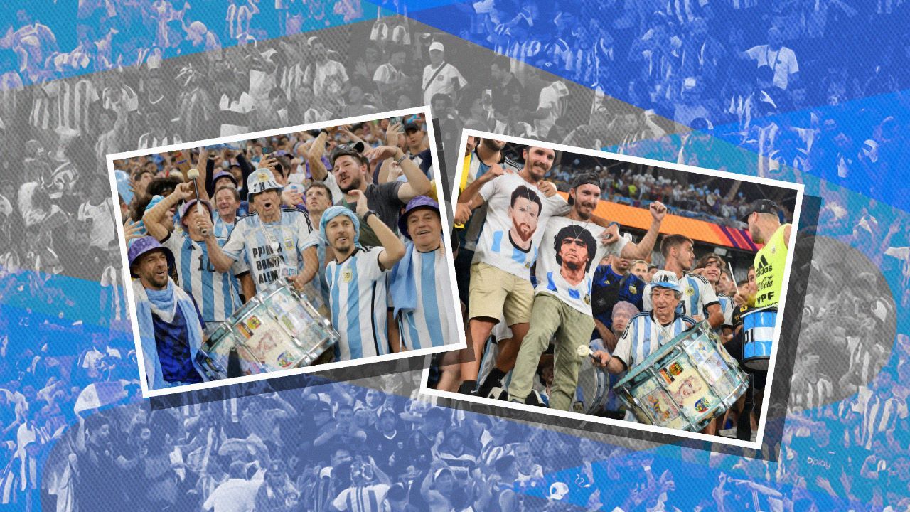 Pendukung Argentina memberikan dukungan kepada Lionel Messi dan timnas mereka dengan menyanyikan lagu Muchachos, Ahora Nos Volvimos A Ilusionar selama Piala Dunia 2022 (Hendy AS/Skor.id)
