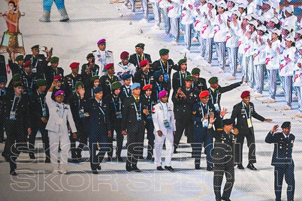 Para prajurit TNI yang mewakili Indonesia saat berdefile di upacara pembukaan 7th CISM Military World Games 2019 di Wuhan, Cina. (Hendy AS/Skor.id) 