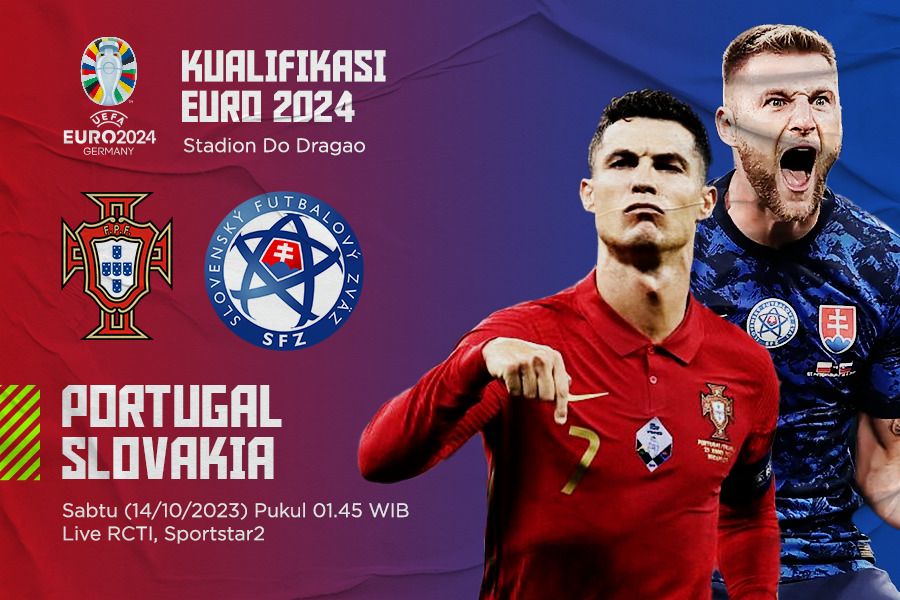 Pertandingan Kualifikasi Euro 2024 mempertemukan Portugal vs Slovakia, ketajaman Cristiano Ronaldo coba diredam Milan Skriniar. (Jovi Arnanda/Skor.id).